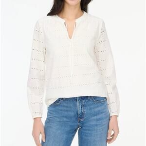 NWT J.Crew Long-Sleeve Eyelet Tie-Neck Top in White Size L